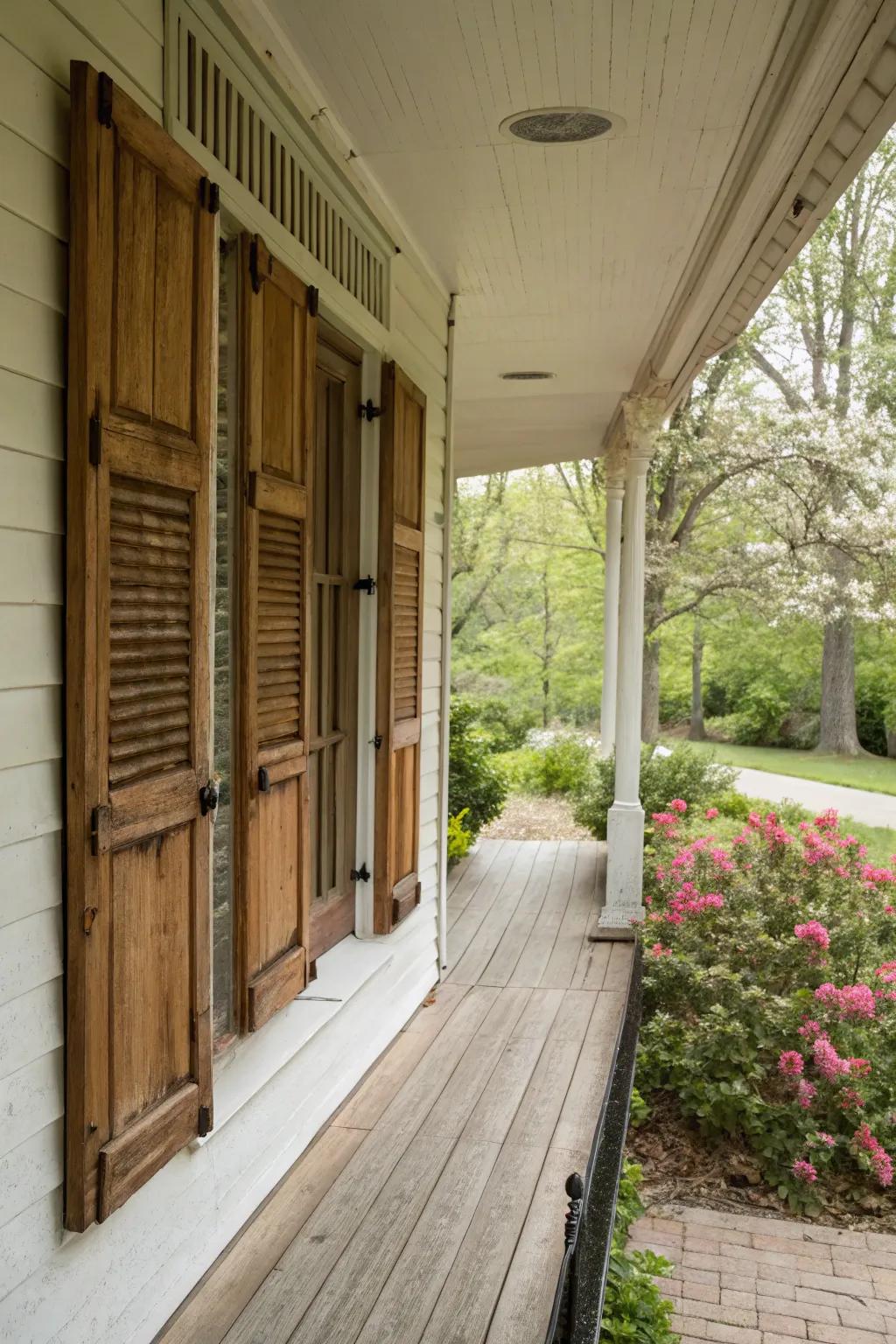 Rustic wooden shutters add farmhouse charm