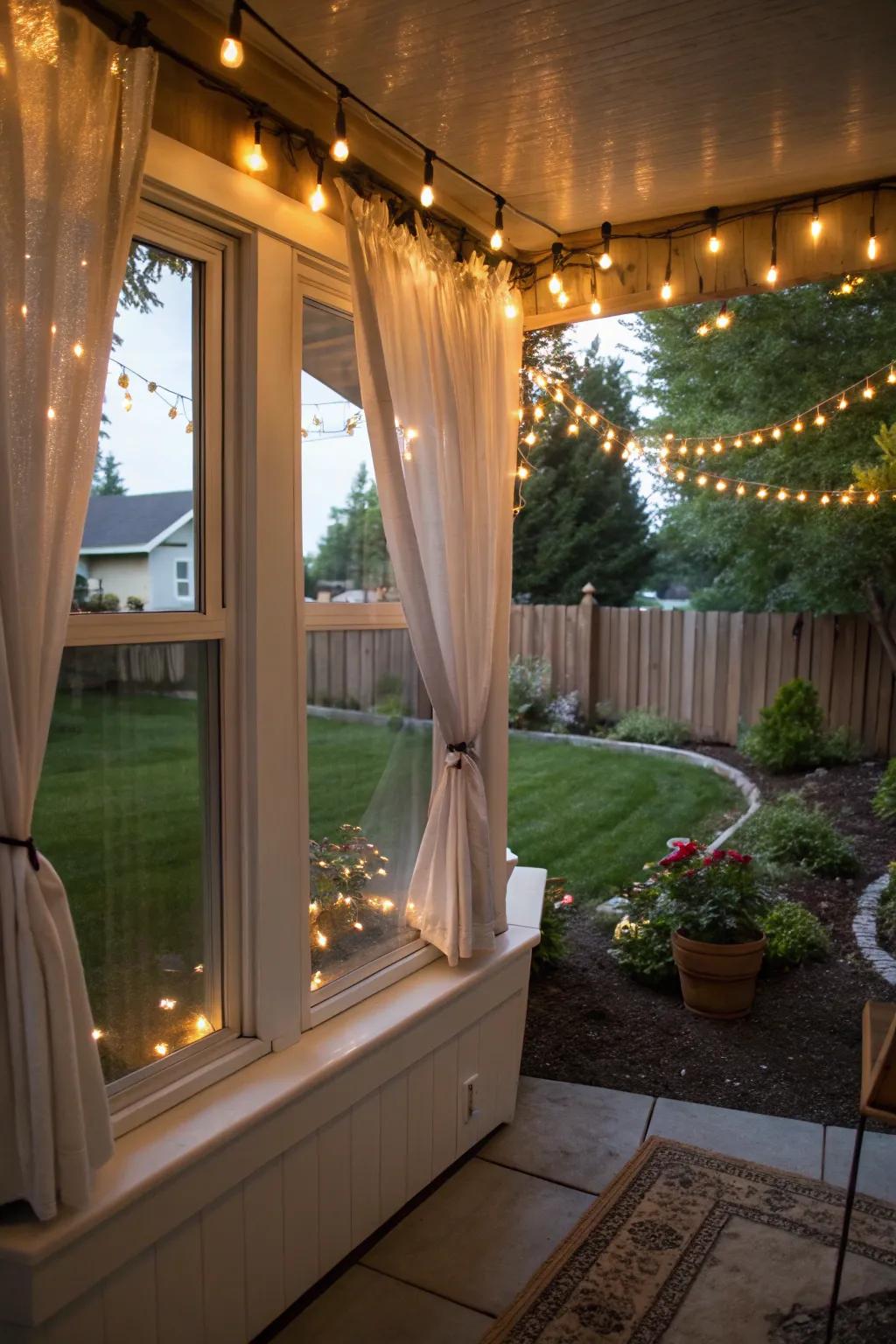 String lights add a magical ambiance to this front porch with a bay window.