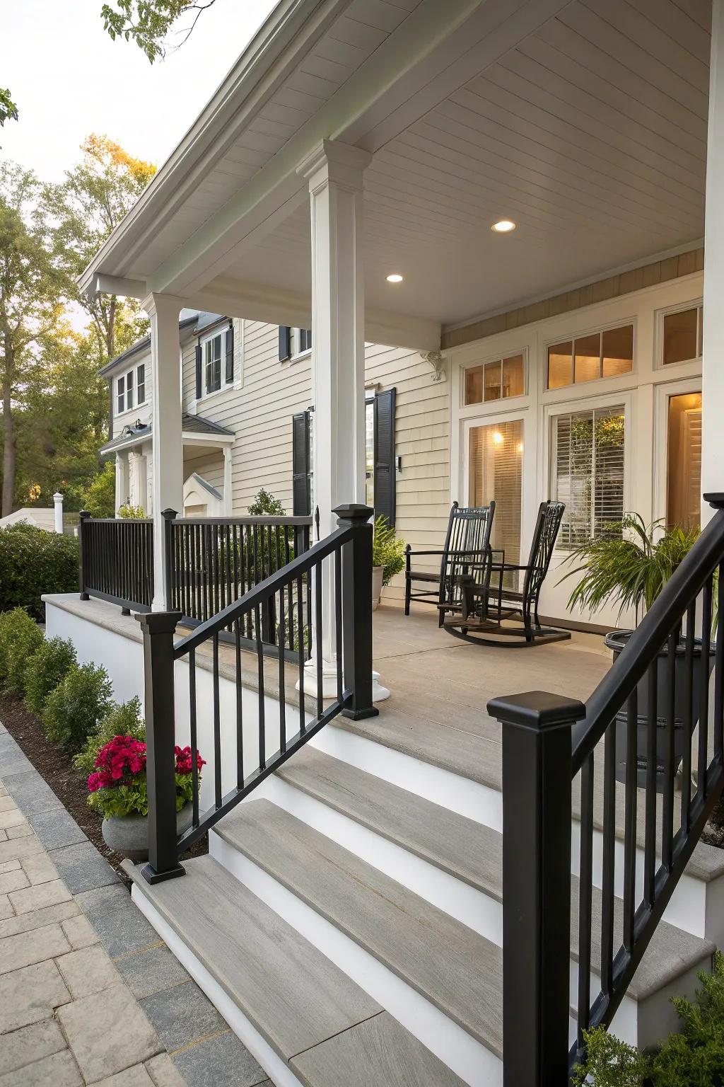 A perfect blend of modern and traditional styles with black railings.