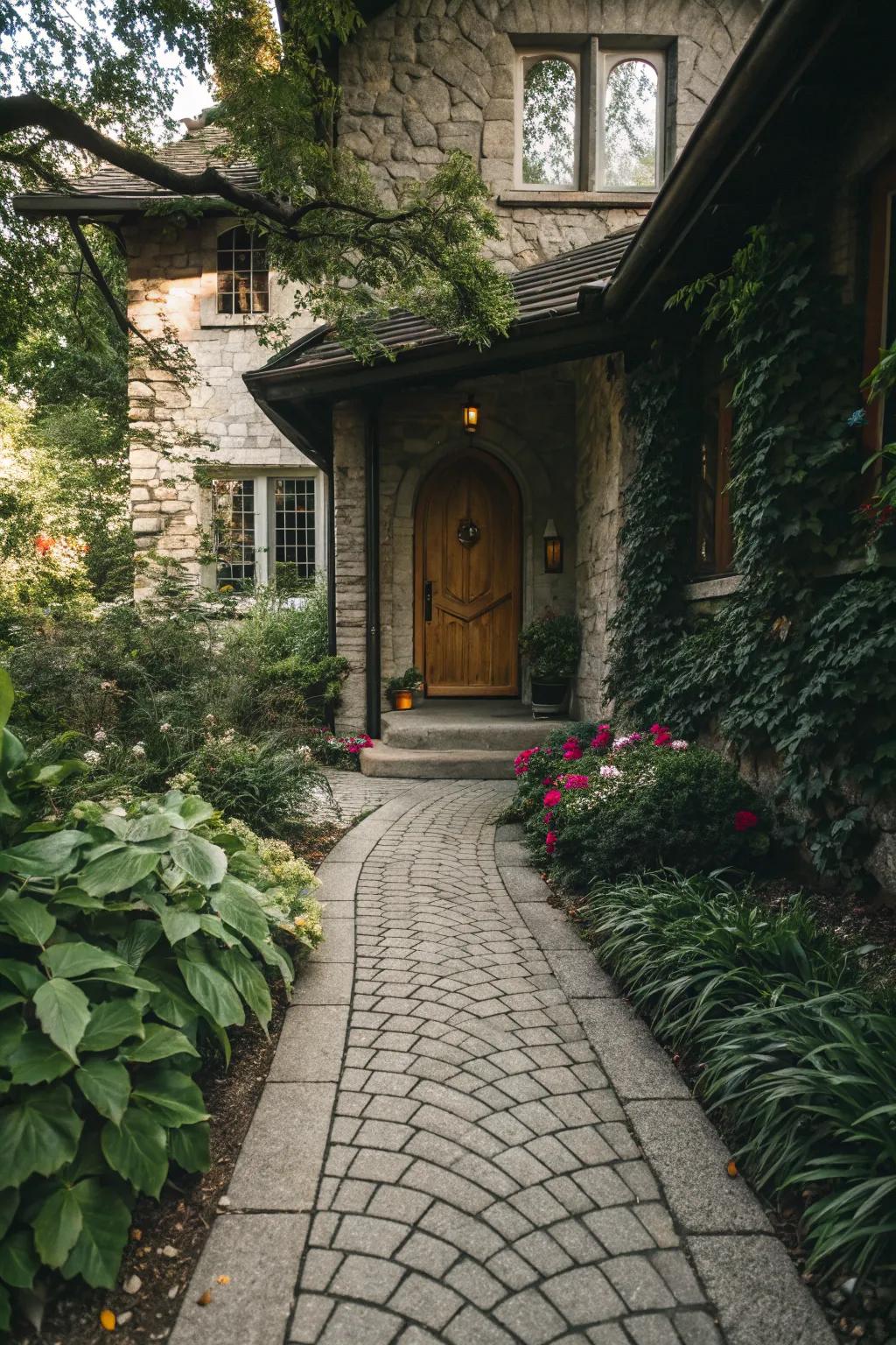 Cobblestone charm meets modern durability in this stamped walkway.