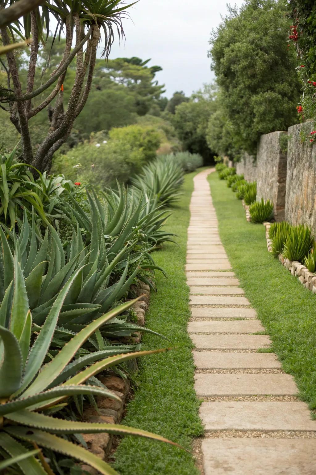 Aloe vera borders create a striking pathway guide