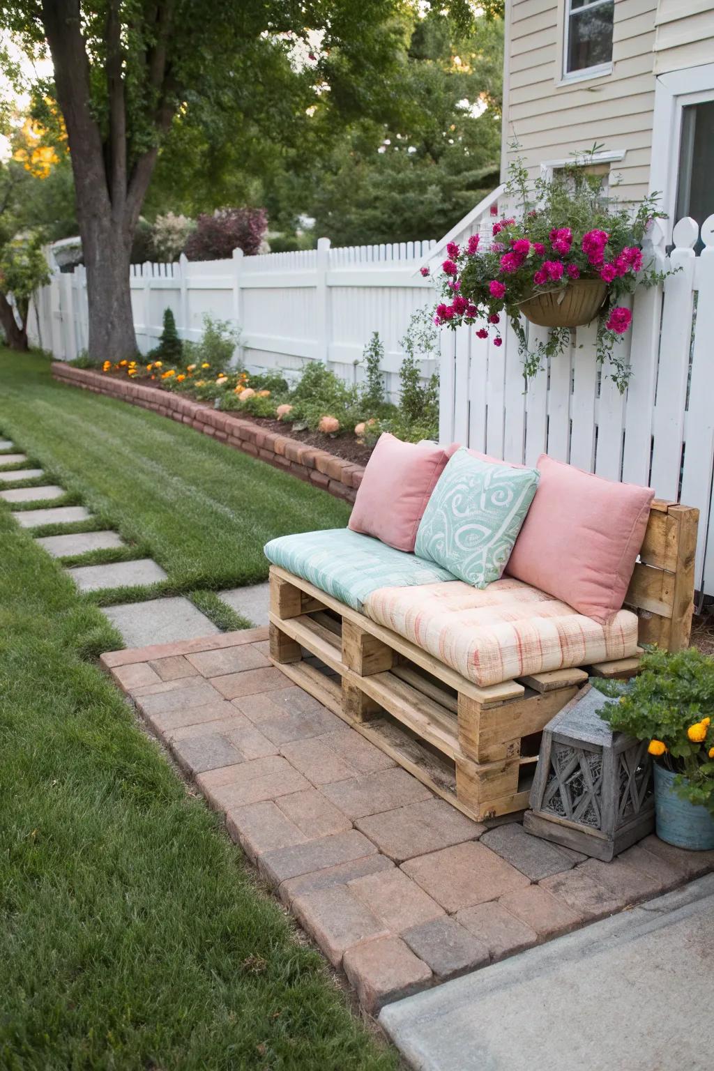 A DIY pallet bench offers rustic charm and personal touch.