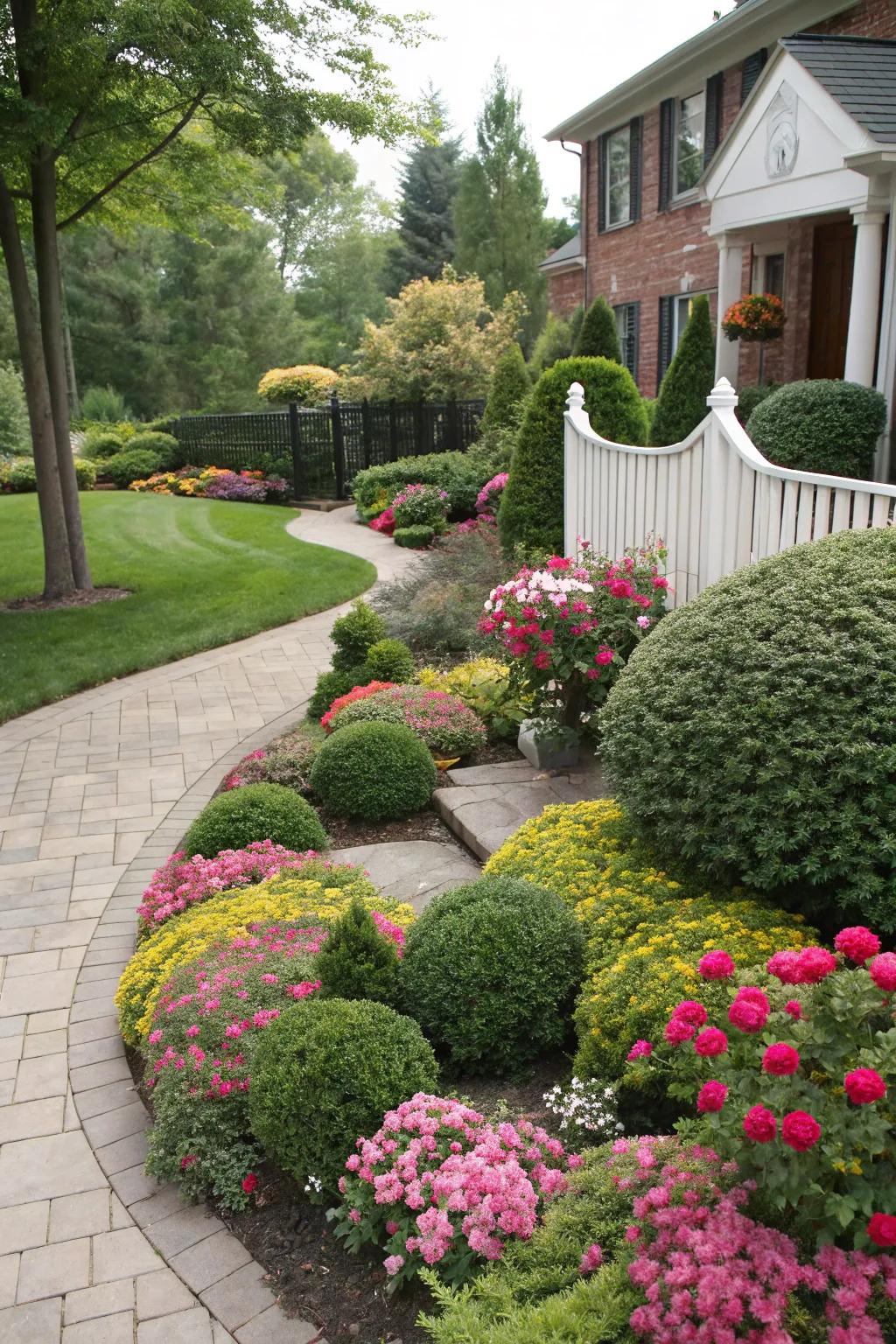 A lively mix of boxwoods and colorful blooms.