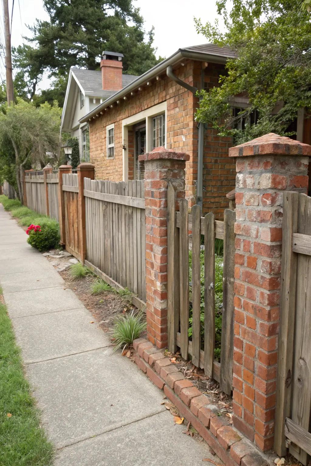 Embrace rustic charm with a brick and wood fence combination.