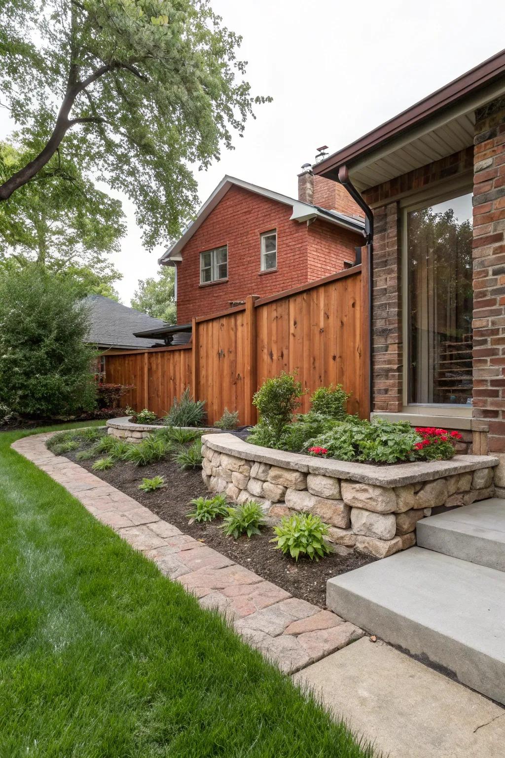 Mix materials for a visually interesting front yard.