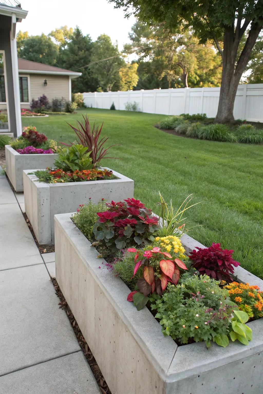 Integrated concrete planters make plants the star of the show.