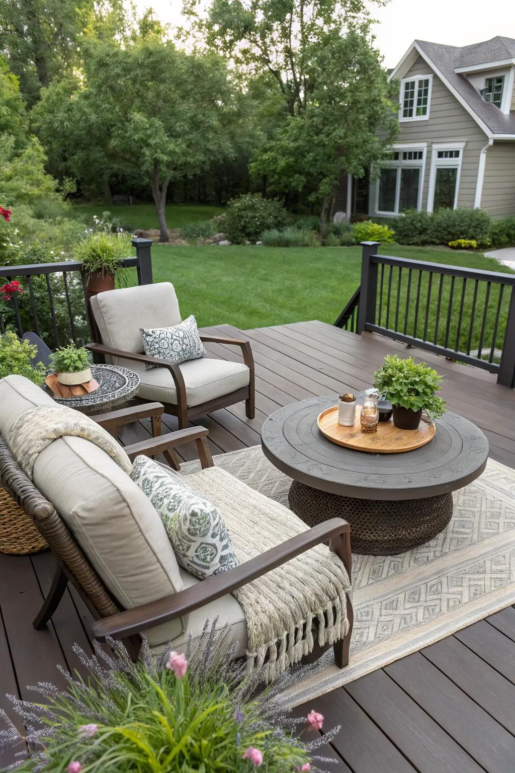 Cozy seating area on a front yard deck perfect for relaxation.