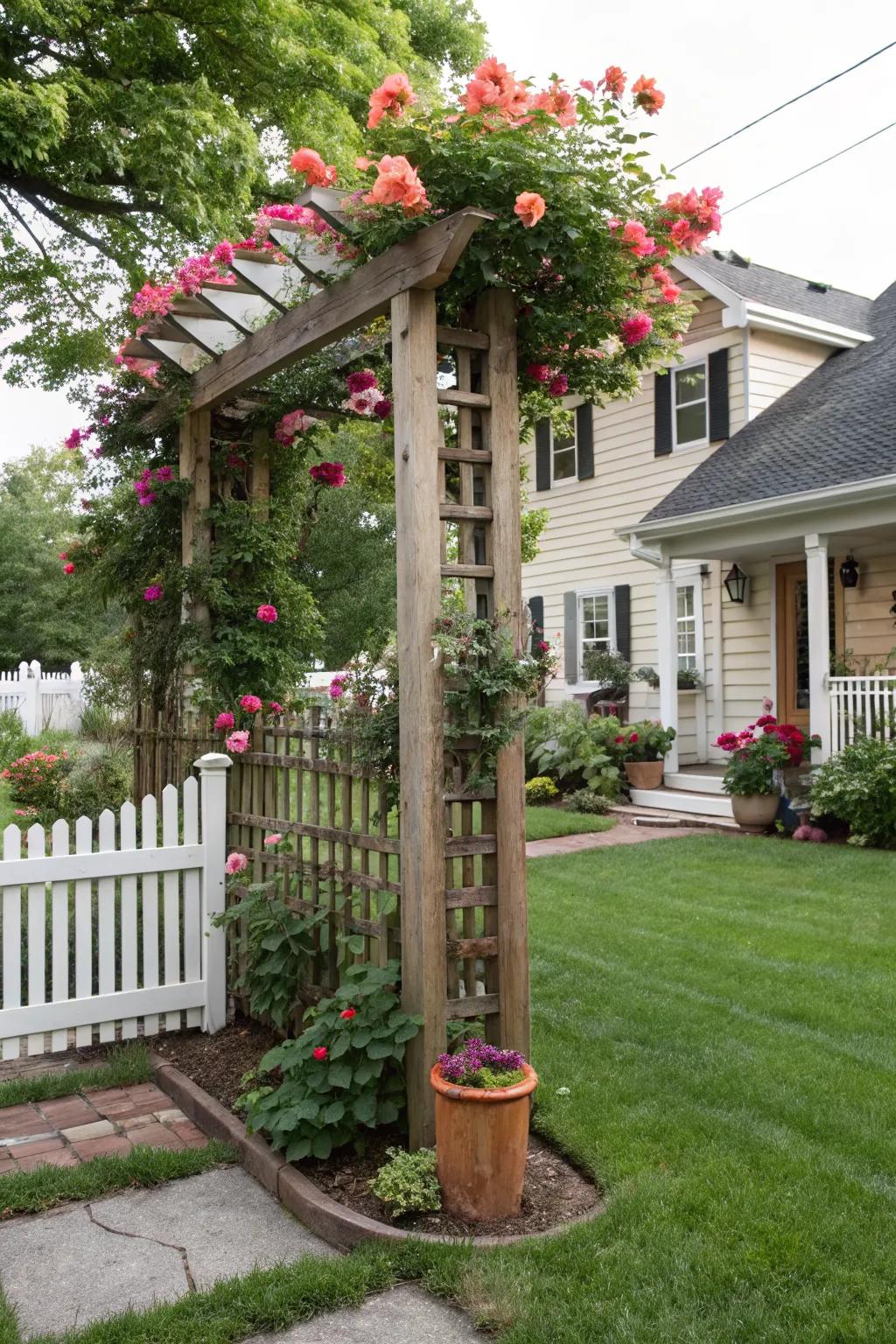 Wooden trellises with vines add charm and function to the front yard.