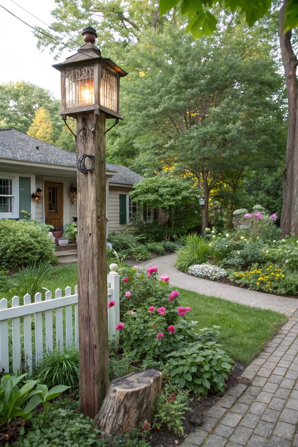Charming rustic wooden light post nestled among lush greenery.