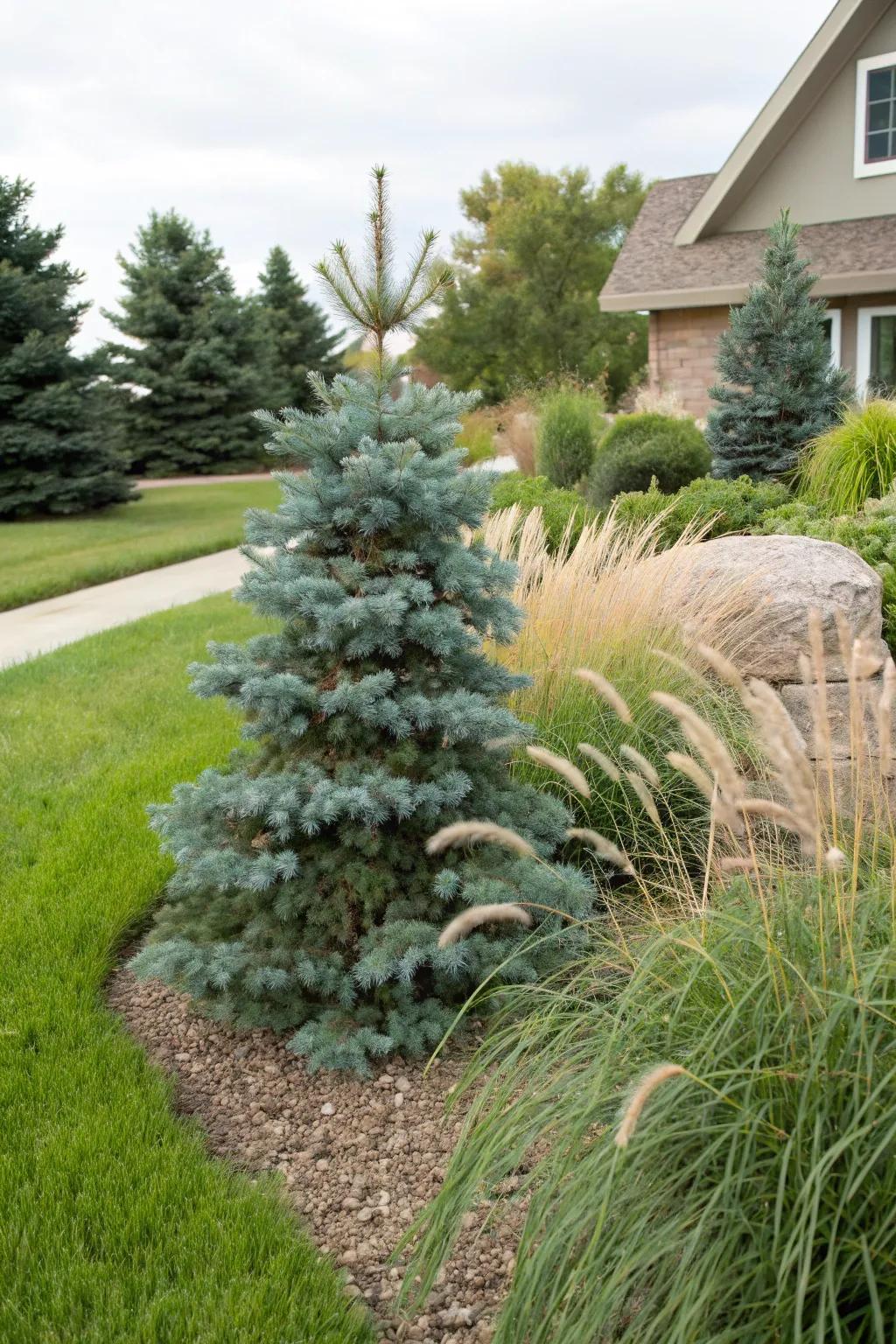 Pair dwarf blue spruce with ornamental grasses for vertical interest.