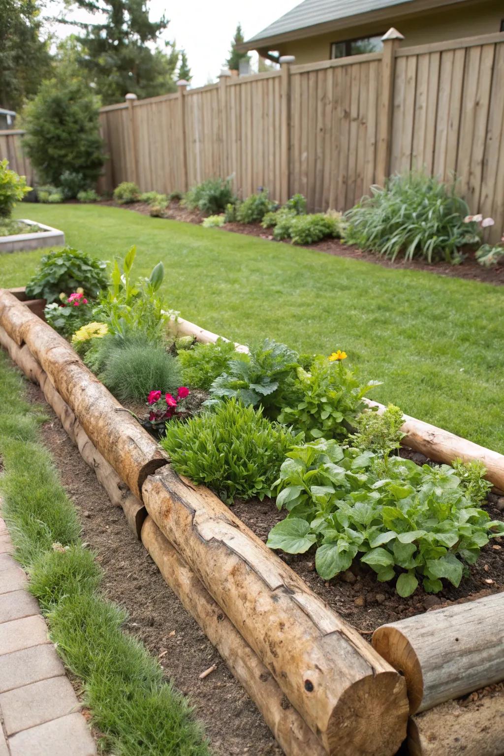 Timber logs provide a rustic and cost-effective garden border.