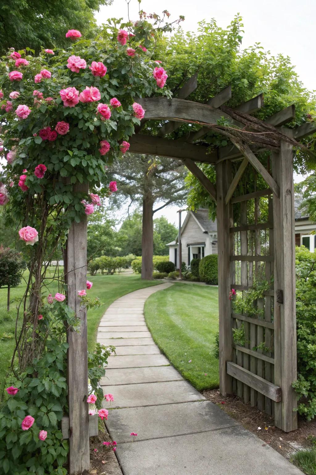 A decorative arbor adds elegance to the entrance.