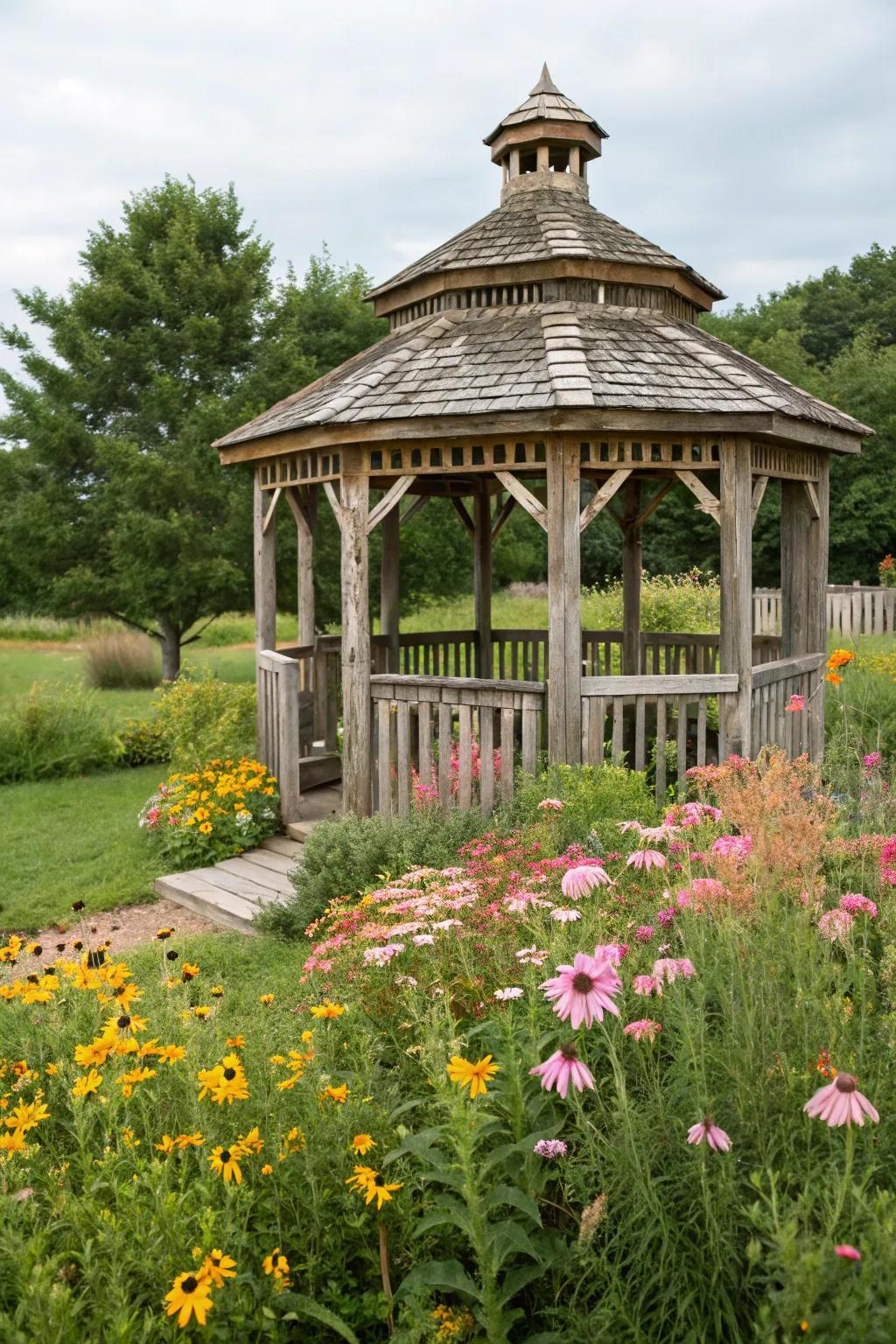 A rustic gazebo creates a warm and inviting retreat.