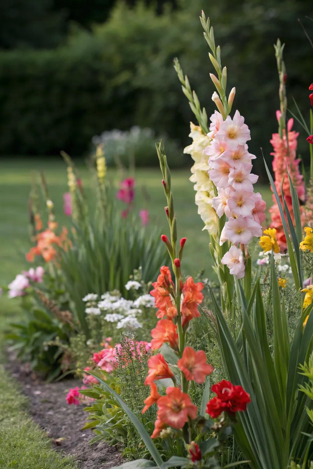 A layered flower bed featuring gladiolus and perennials for added depth.