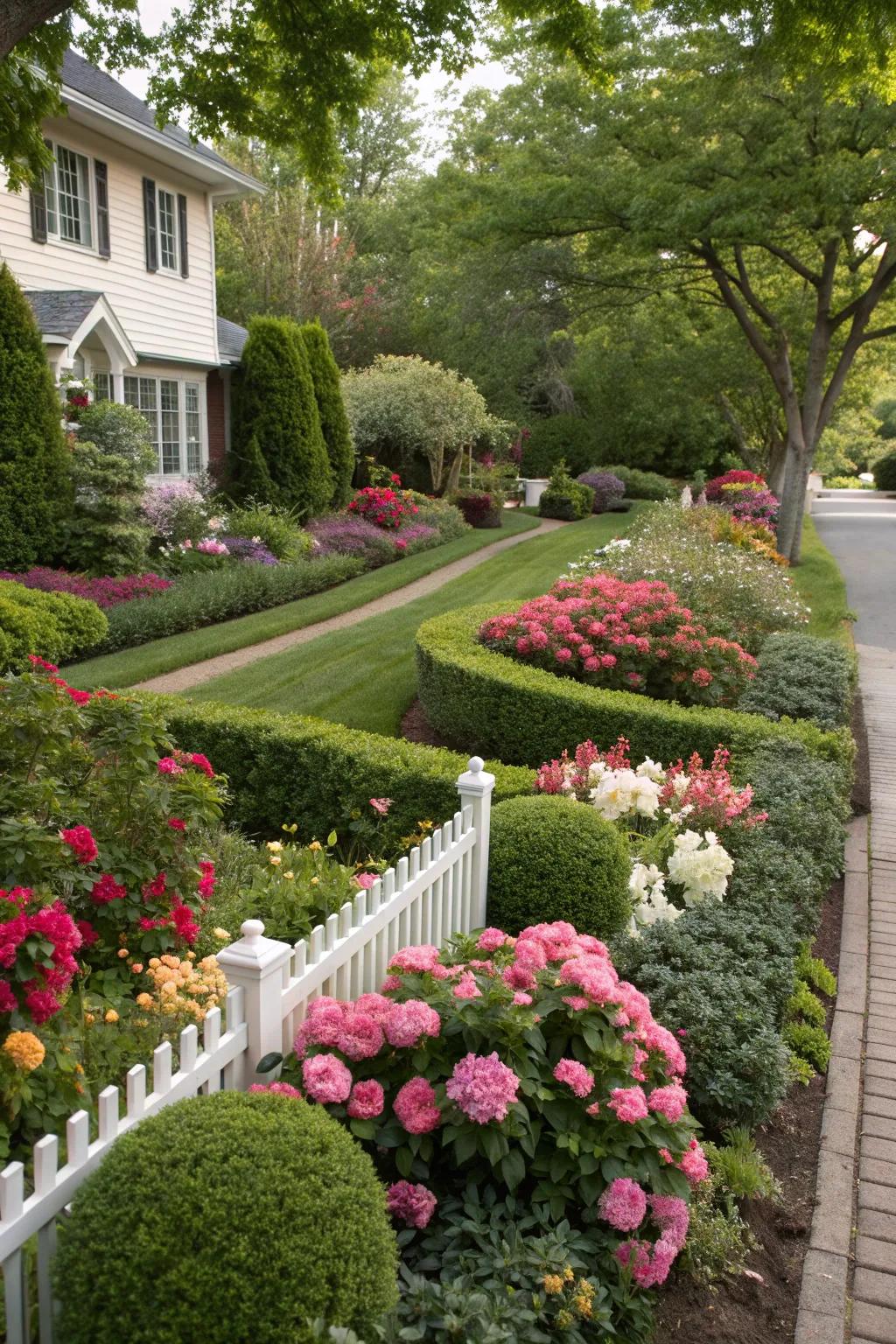Combine hedges with flowering plants for a vibrant and textured appearance.