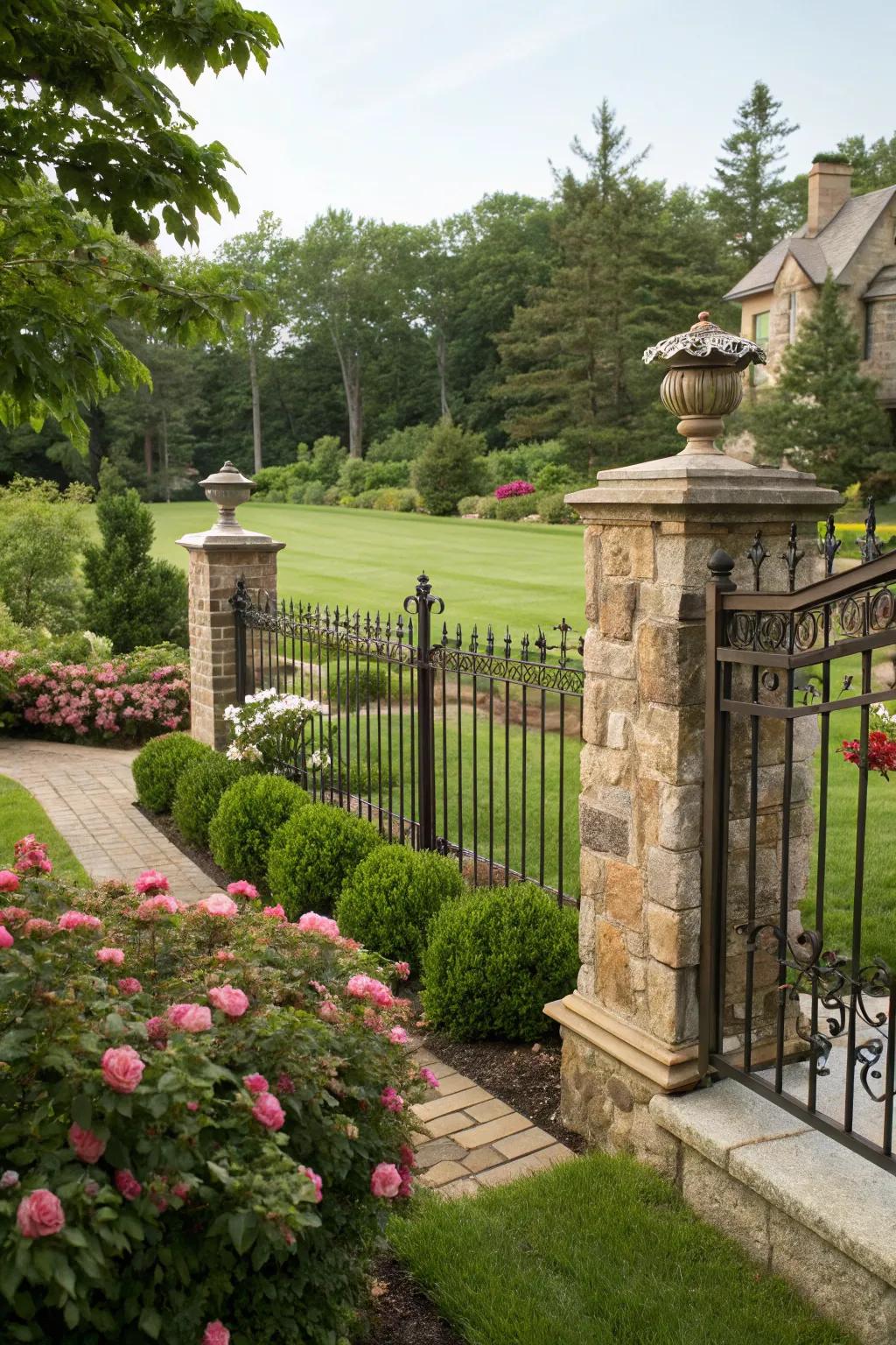 A harmonious blend of iron and stone creates a striking front yard feature.