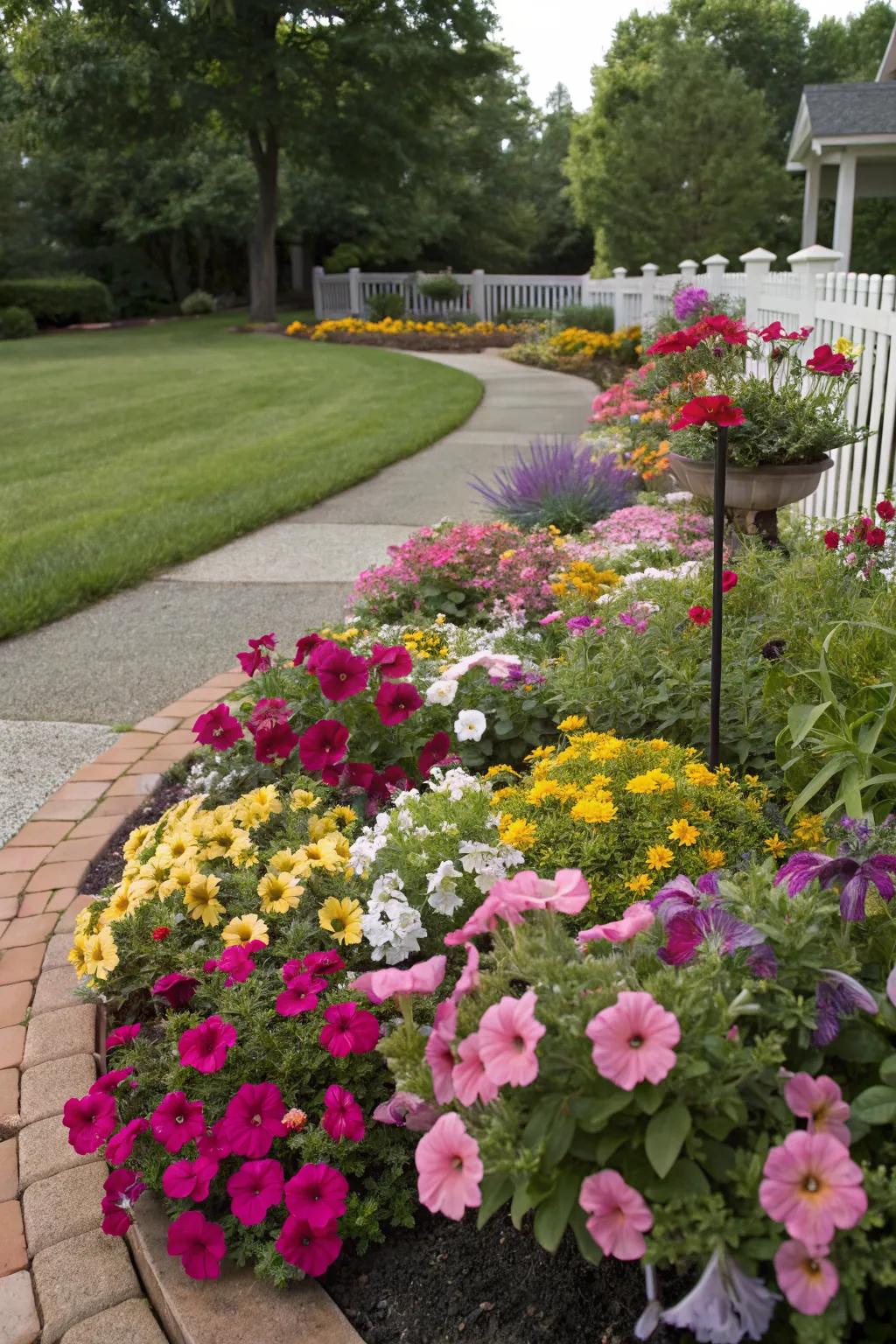 A front yard island flower bed bursting with a mix of vibrant and colorful flowers.