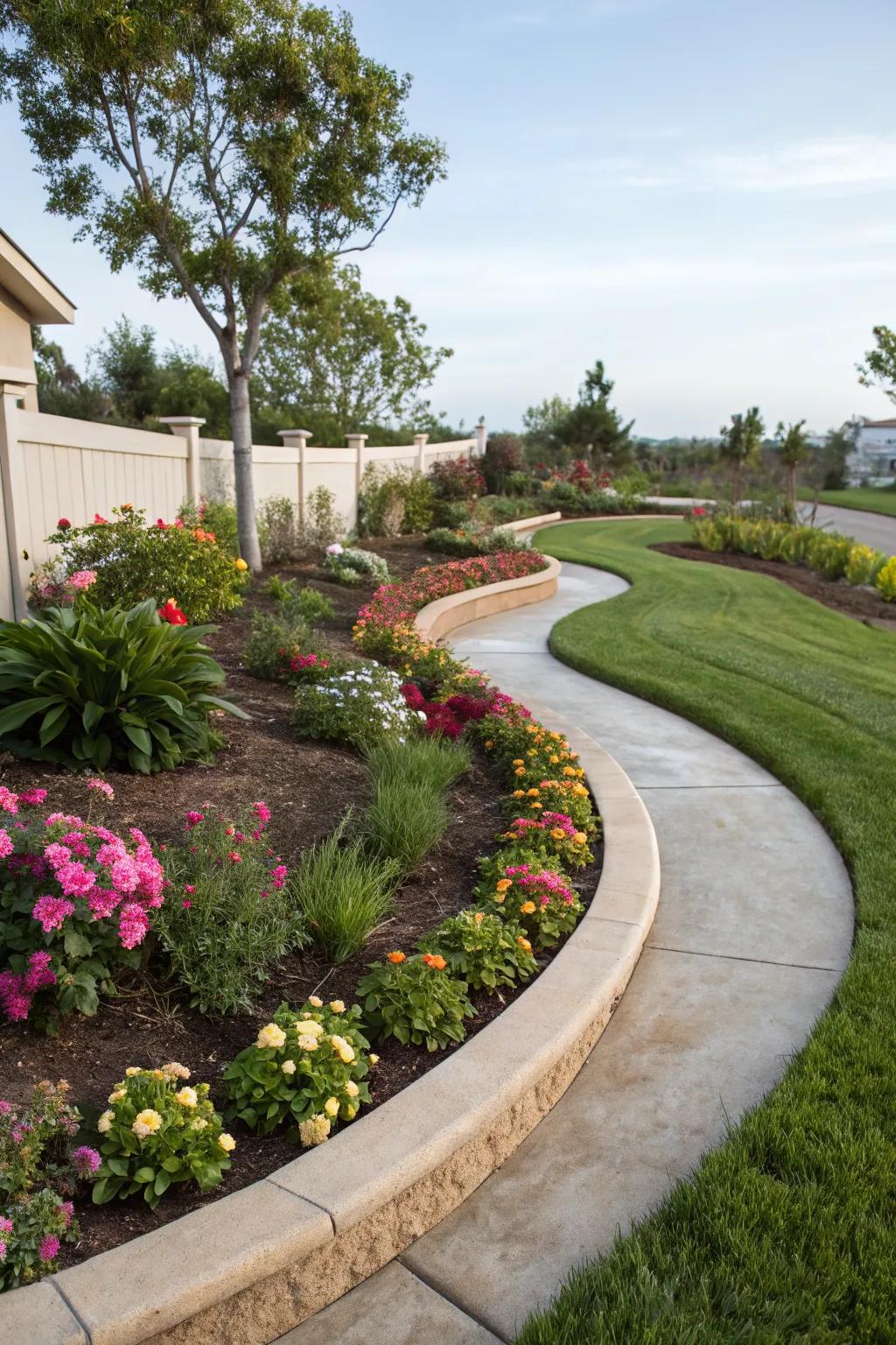 Curved landscape edging adds movement and elegance to this front yard.
