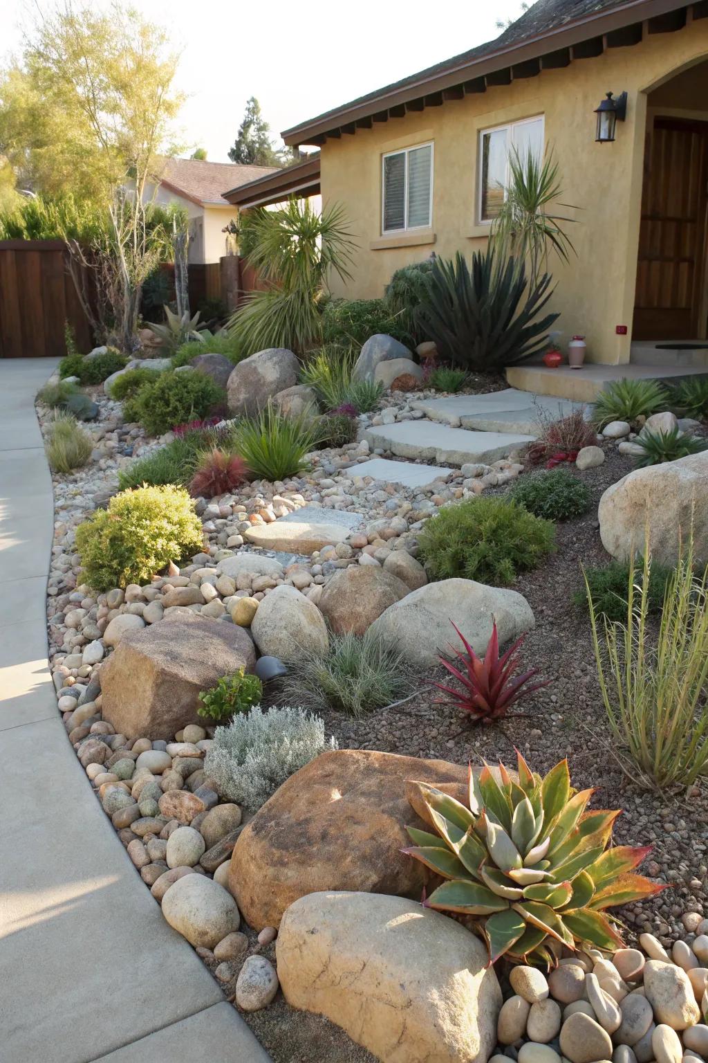 A front yard rock garden adds texture and contrast with stones and hardy plants.