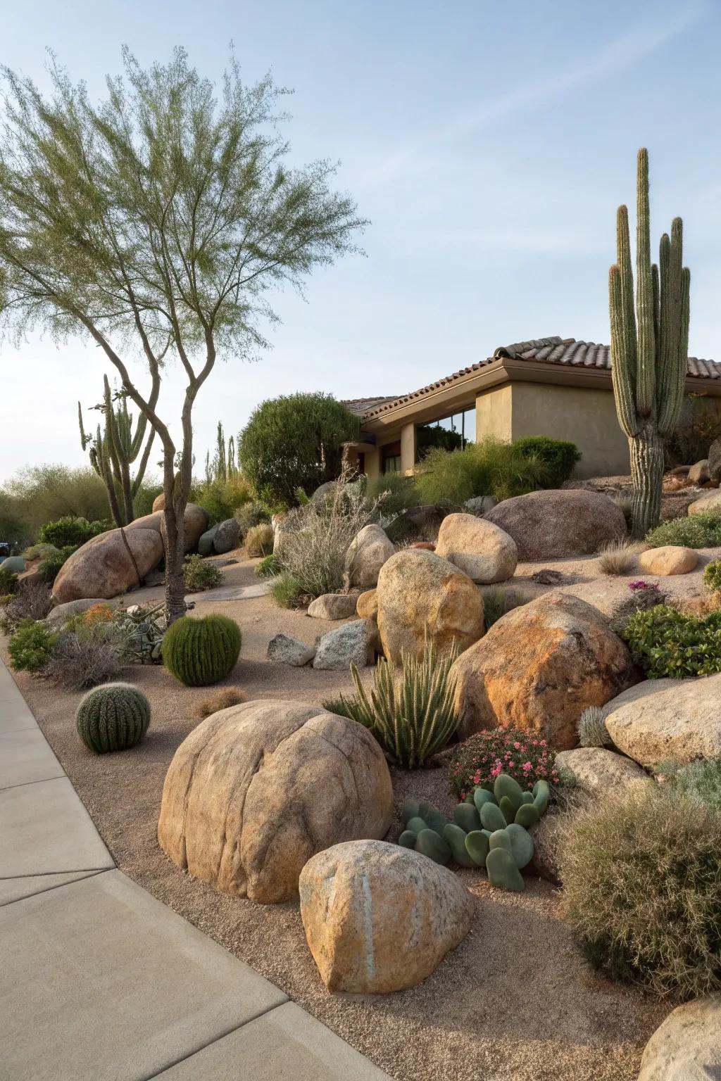 Natural desert elements enhance the beauty of an Arizona front yard.
