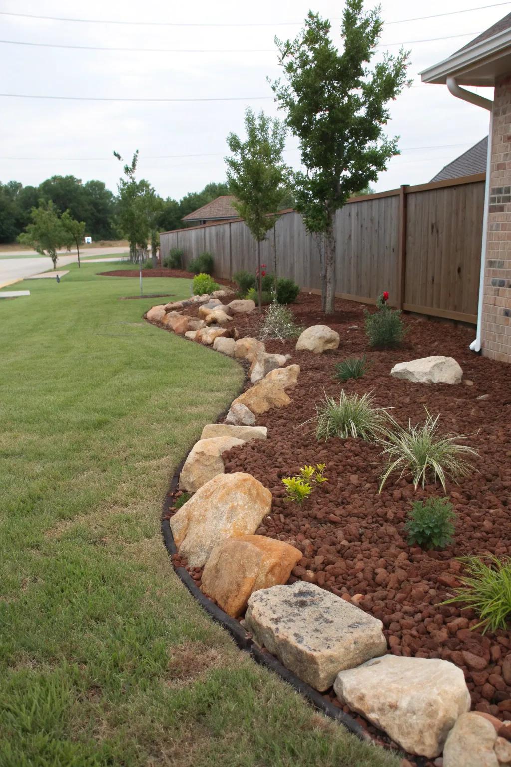 Mulch and rocks offer both beauty and practicality.