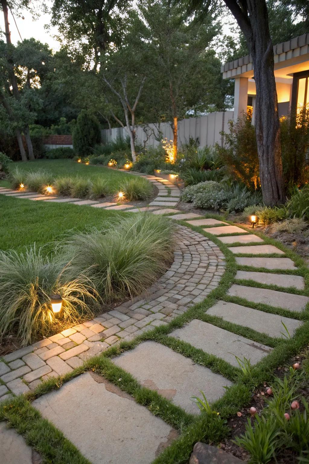 Blend greenery with pavers for a natural touch.