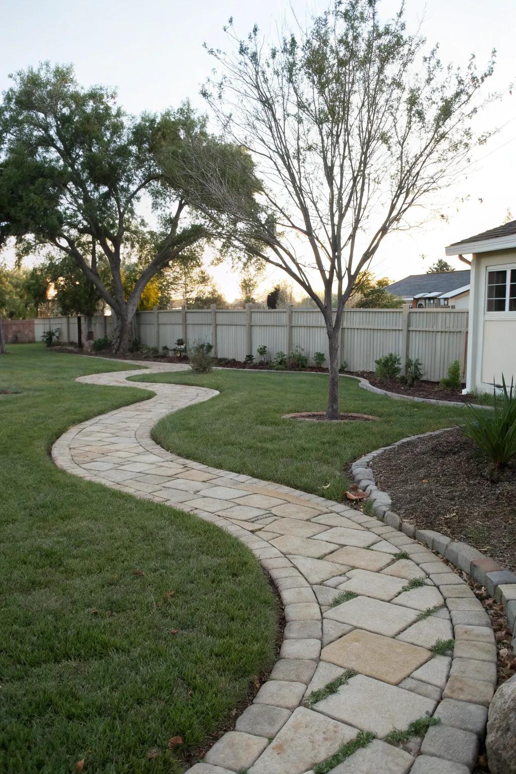 Curved pathways in a Zone 6 front yard enhancing elegance.