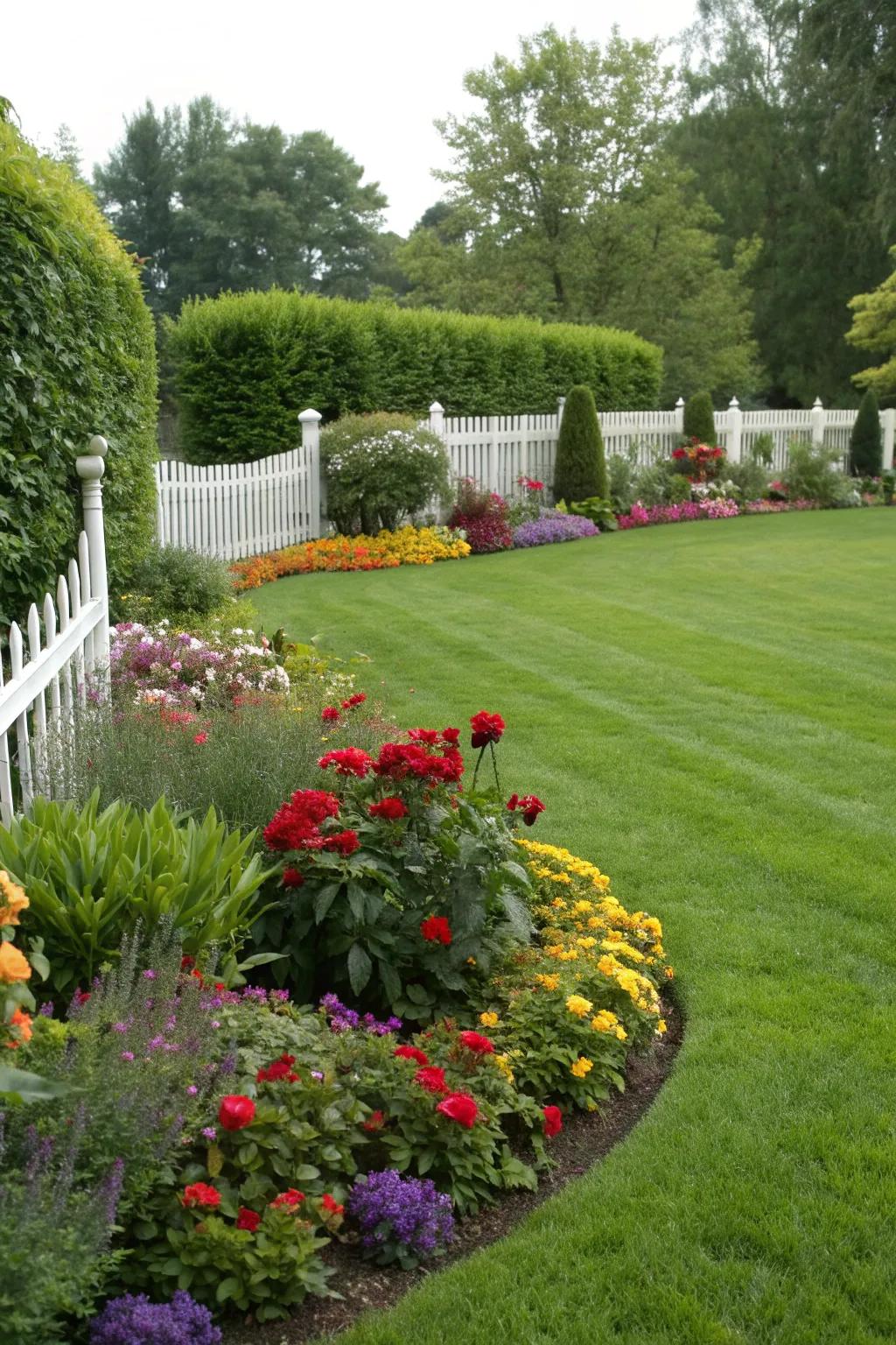 A lush green lawn providing a vibrant backdrop for colorful blooms.