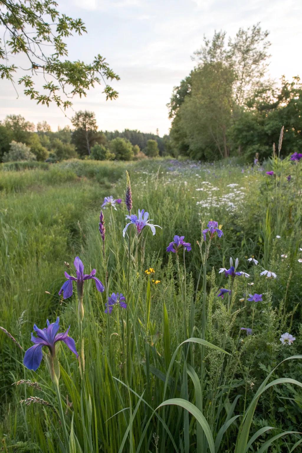Irises in a natural setting, blending seamlessly with the surrounding greenery.