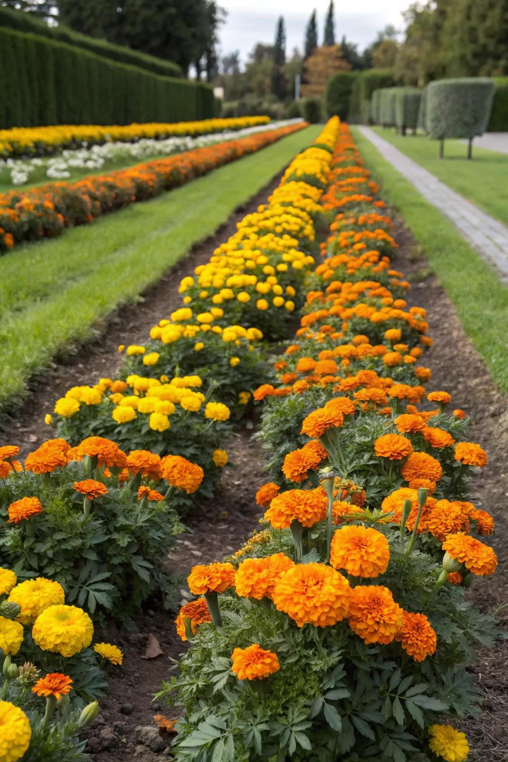 Organized rows of marigolds for a structured garden look.