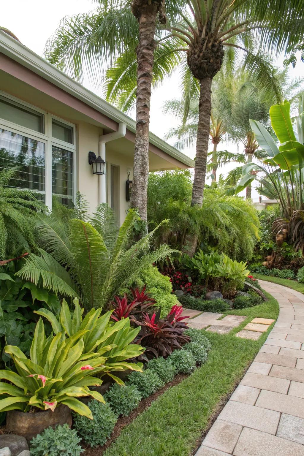 Tropical plants like ferns and succulents pair beautifully with palms.