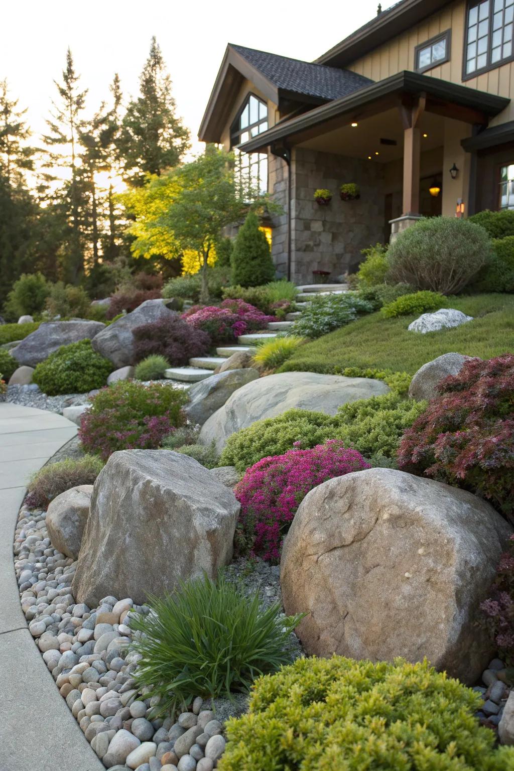 A front yard rock garden featuring decorative boulders and plants.