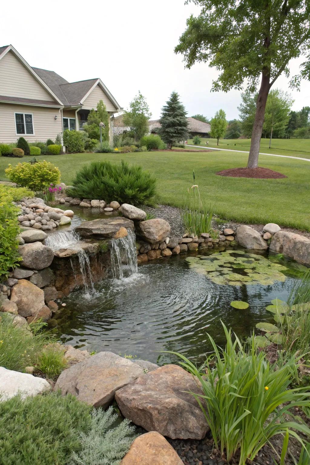 A calming waterfall adds movement to a front yard pond.