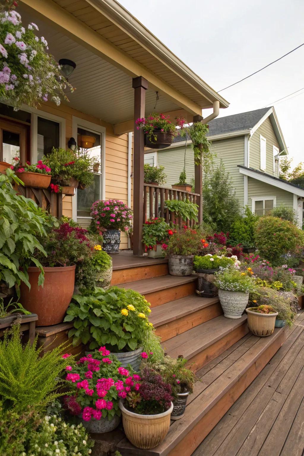 Enhance your porch with a variety of vibrant potted plants.
