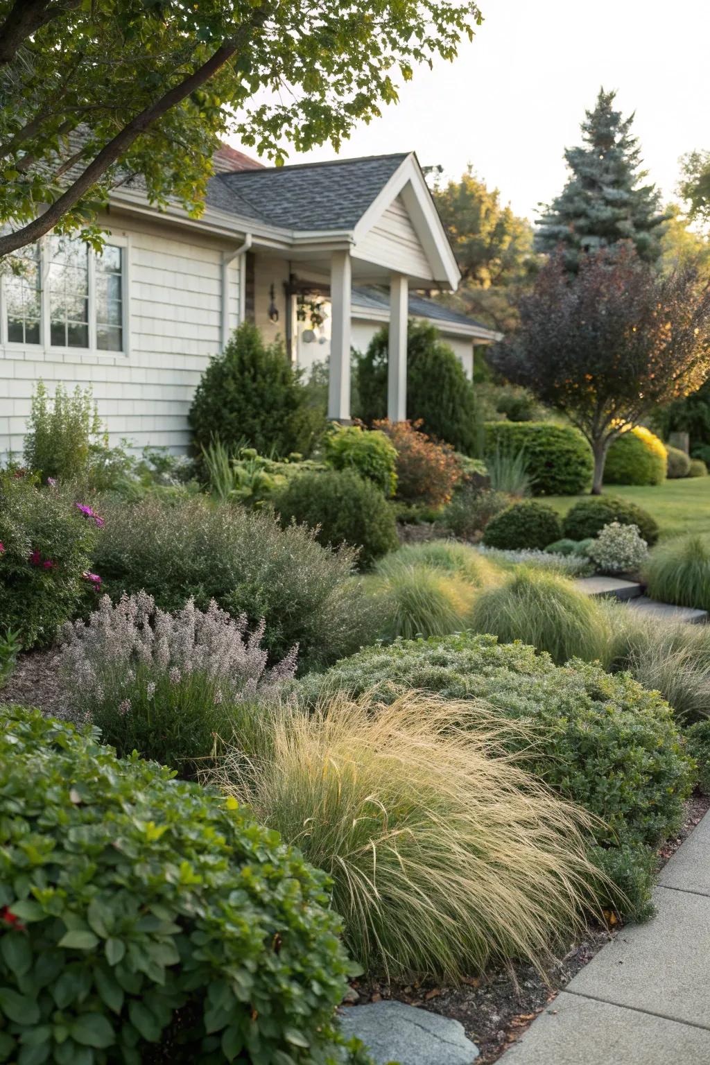 Layered planting adds depth and privacy to your front yard.