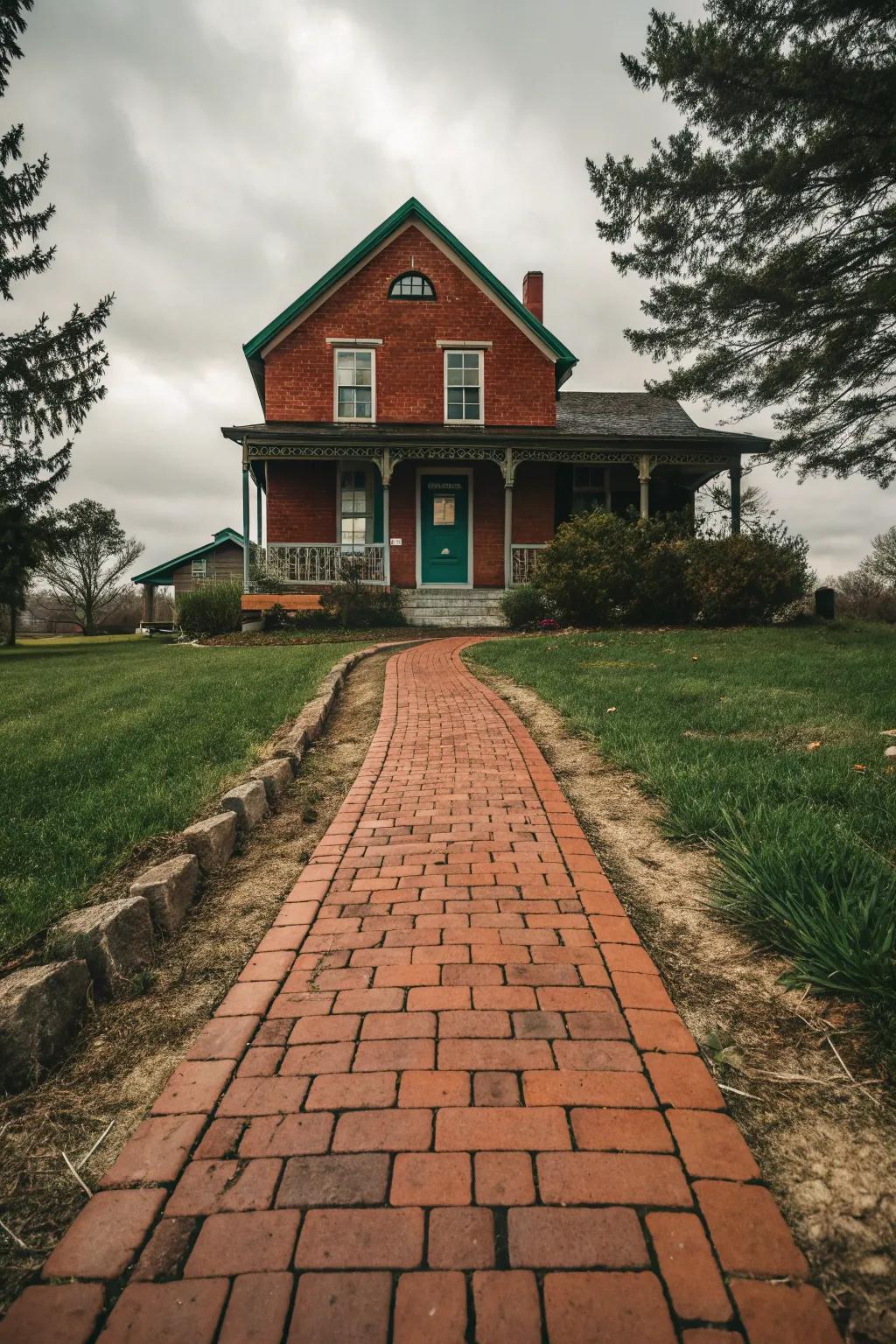 A brick pathway enhances the inviting feel of this red brick home.