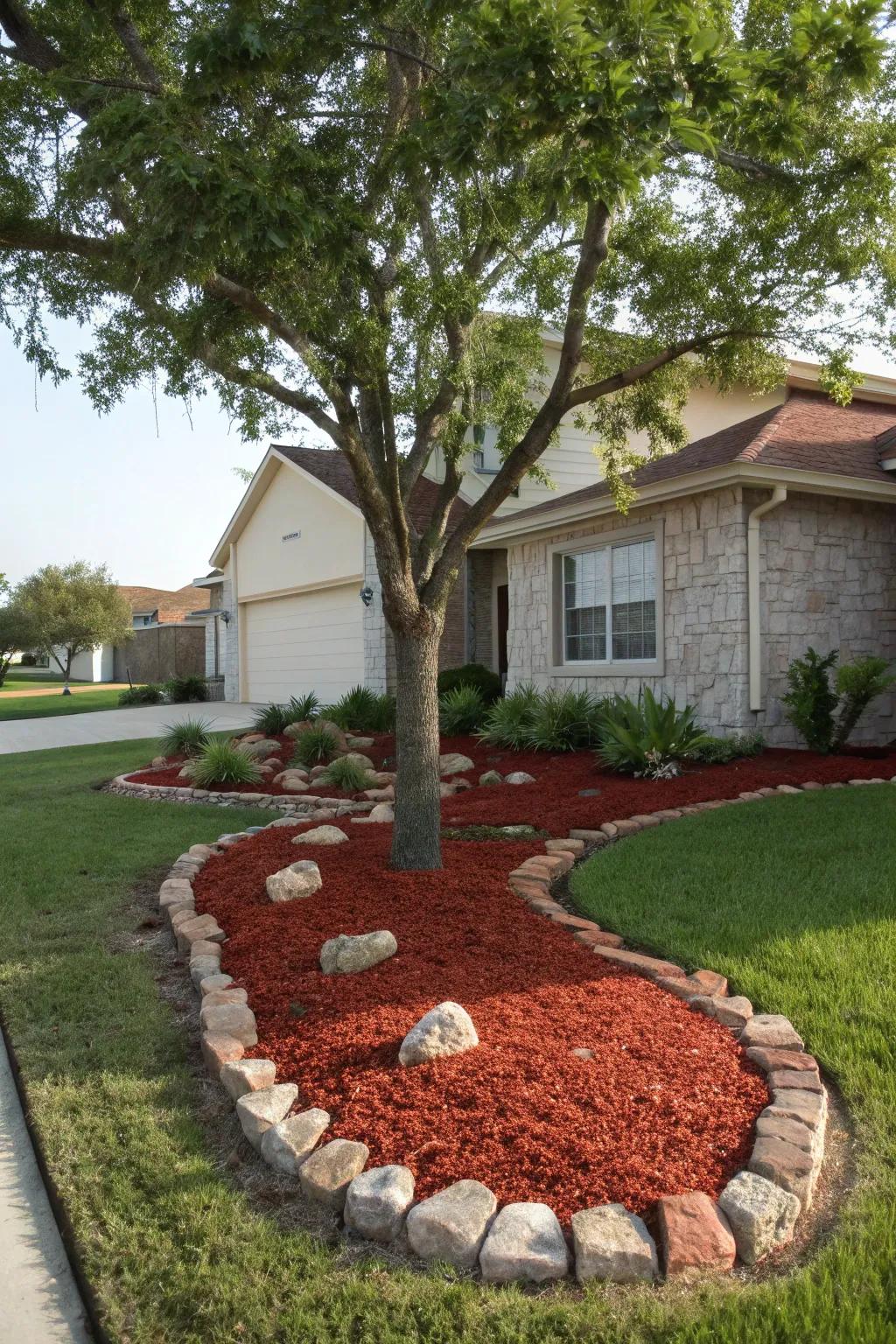 A majestic tree highlighted by a ring of red mulch and stones.