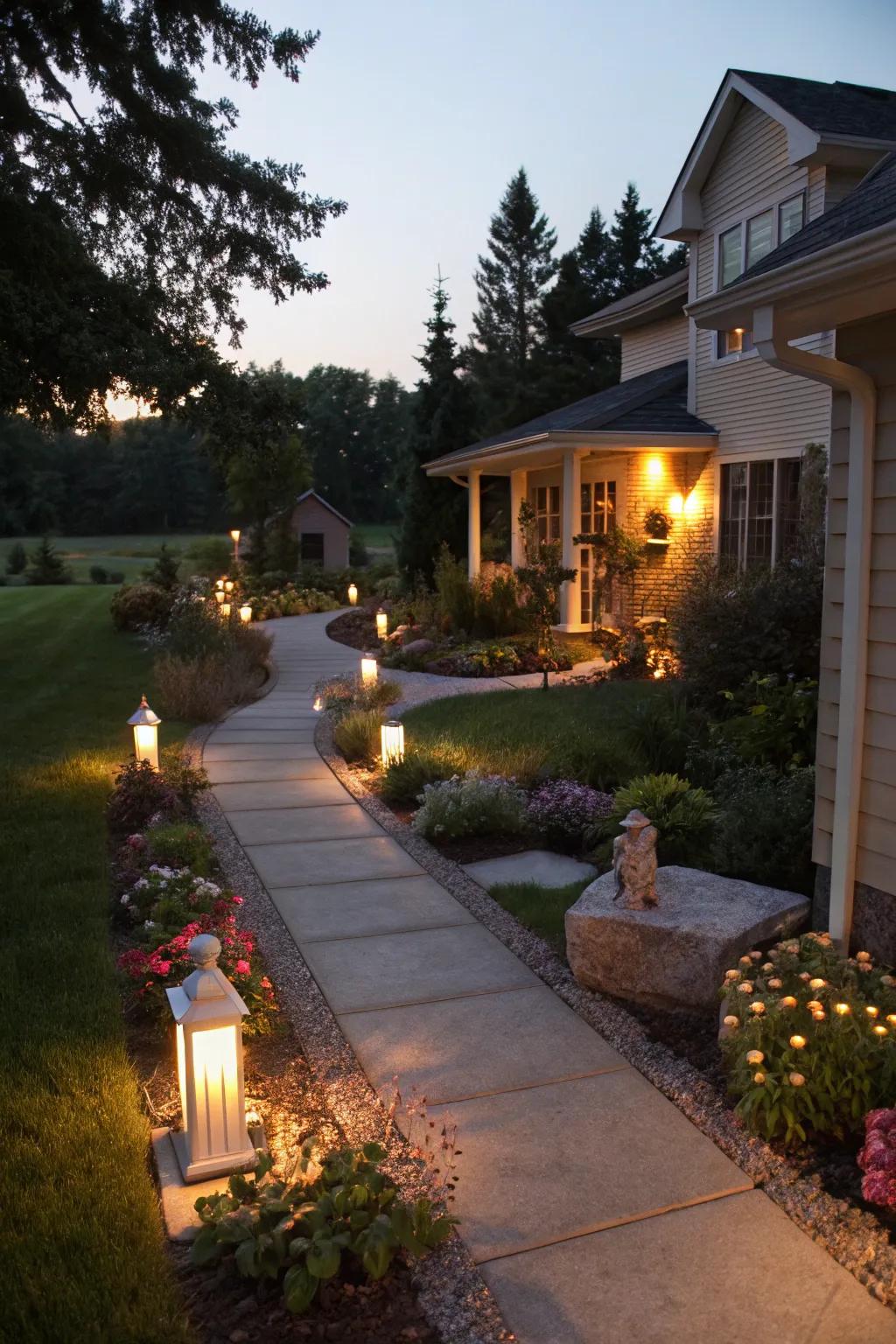 Outdoor lighting creates a warm and inviting atmosphere.