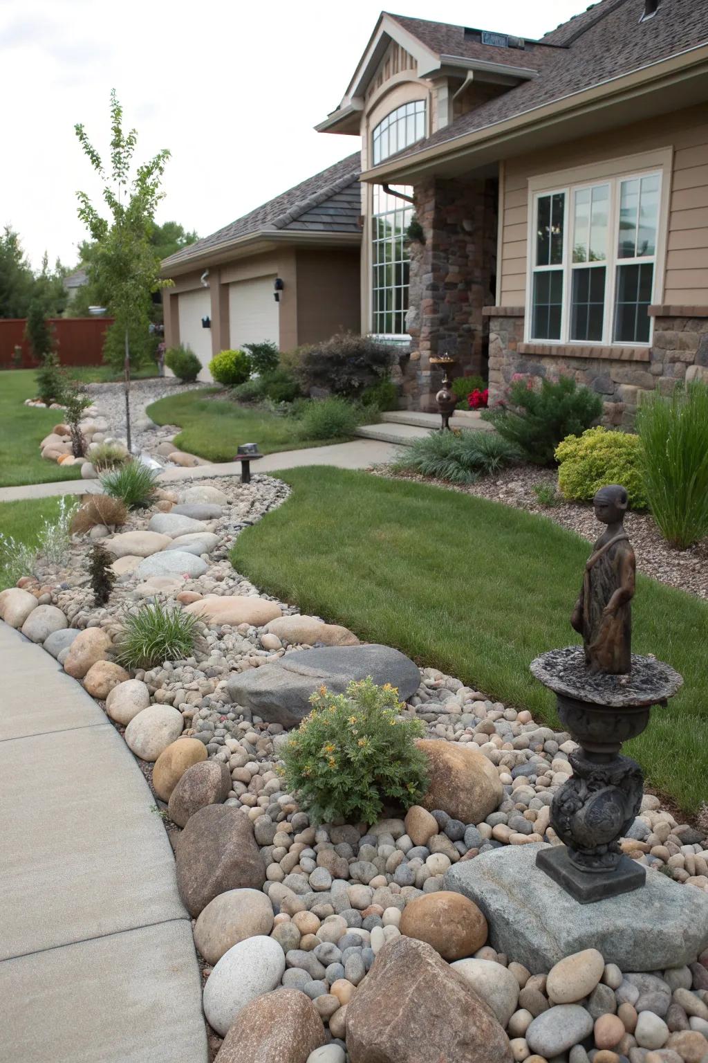 Garden ornaments add a personal touch to river rock landscapes.