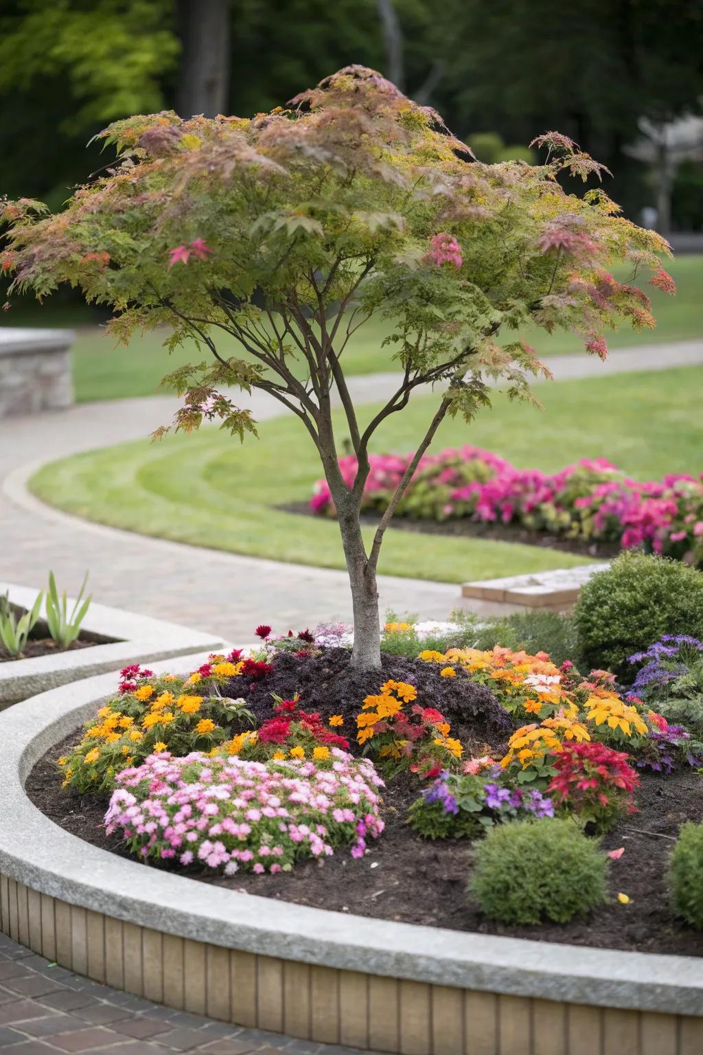 A dwarf Japanese maple serves as a captivating focal point.