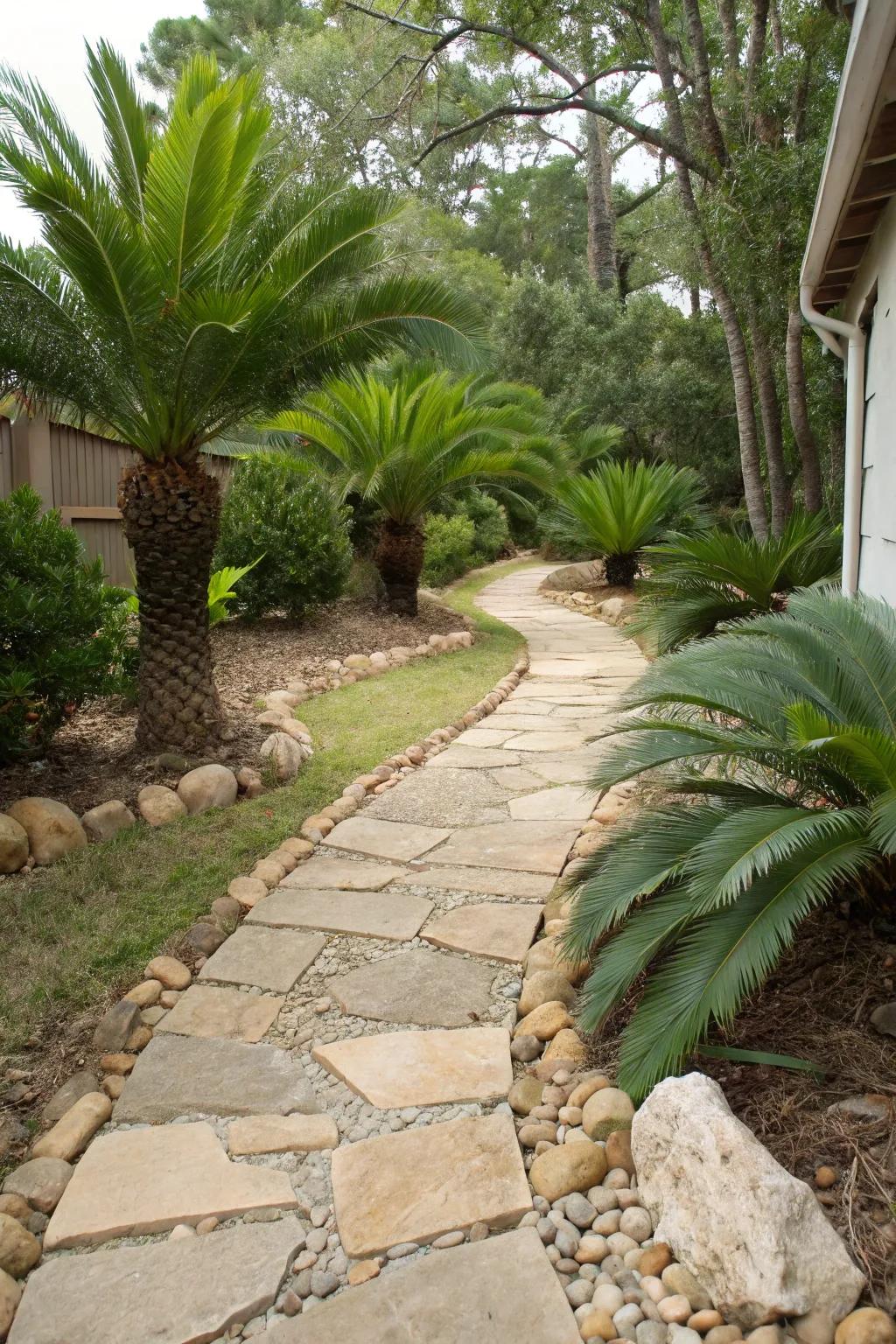 Stone pathways guide you through a beautiful sago palm landscape.