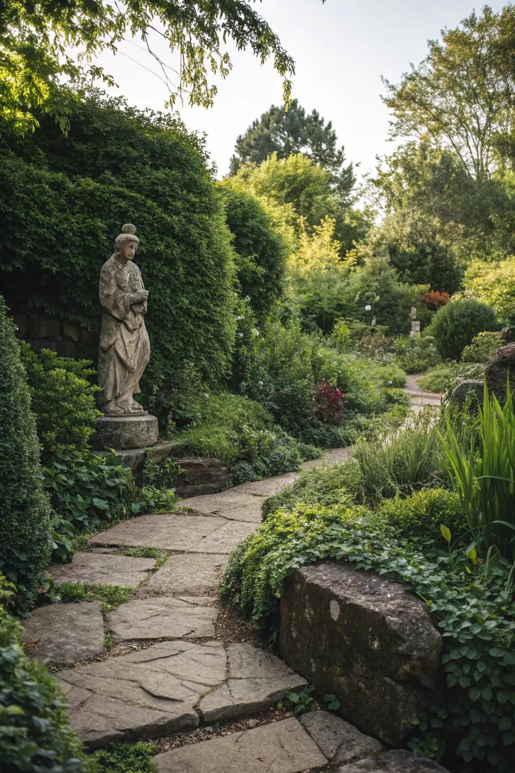 Natural stone statue harmonizing with its surroundings.