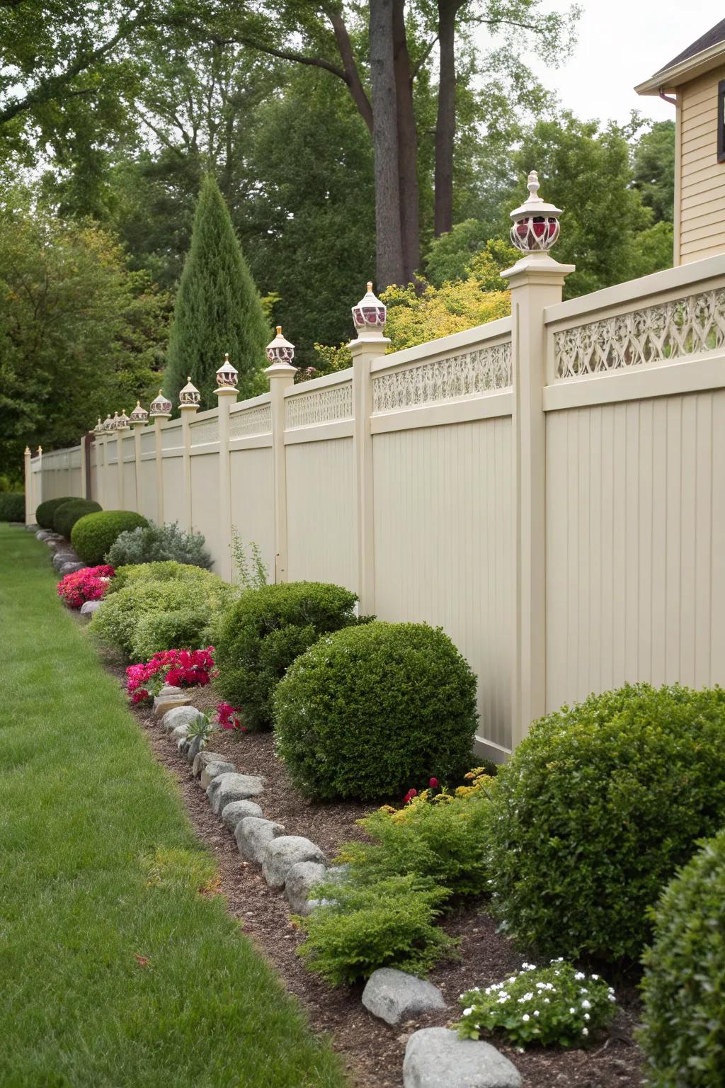 A tall vinyl fence offering privacy and style with decorative finials.