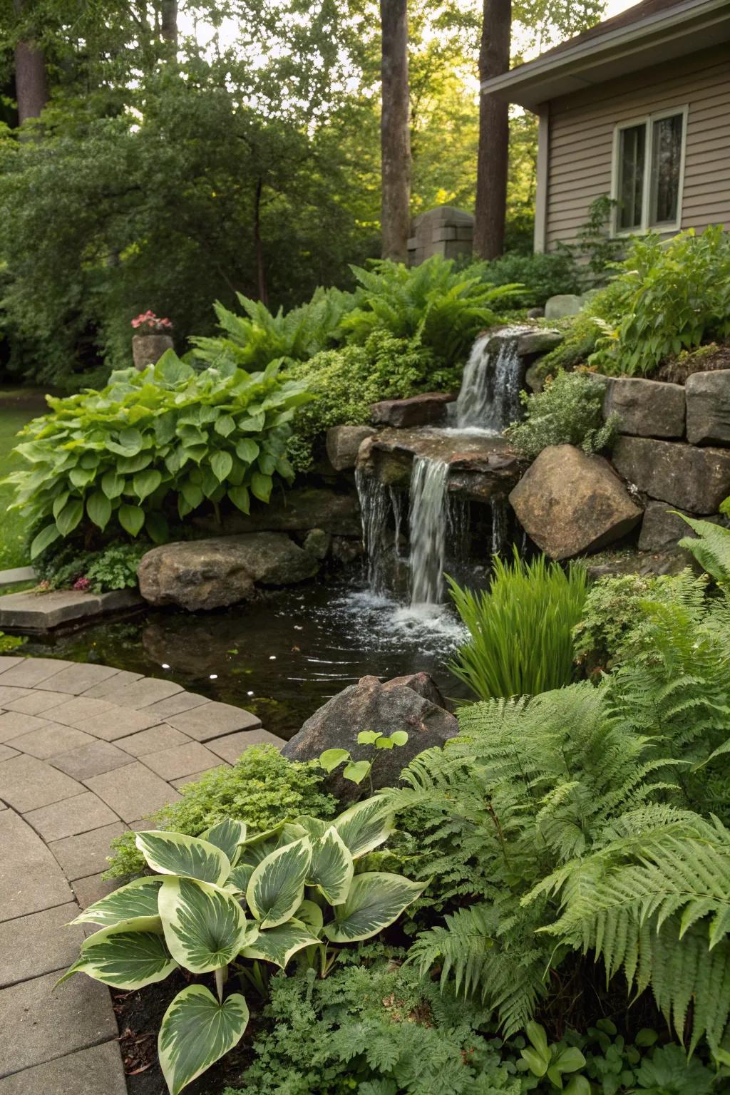 Lush plants elevate the natural beauty of this water feature.