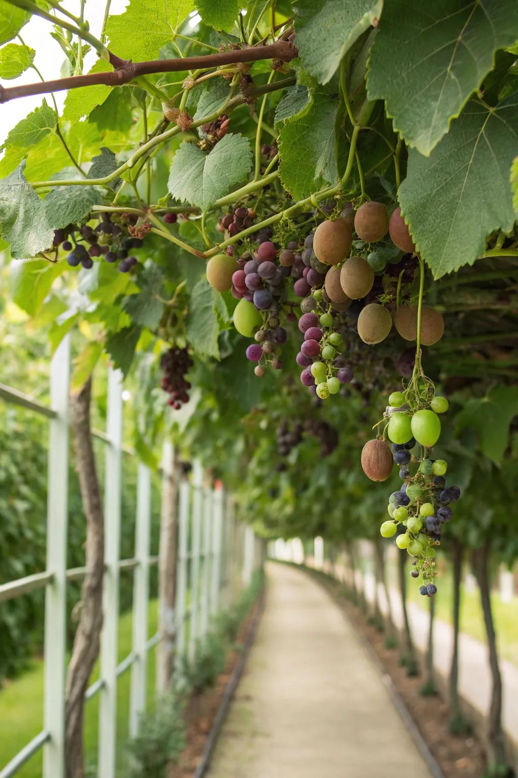 Vines of grapes and kiwis thriving on a vertical trellis.