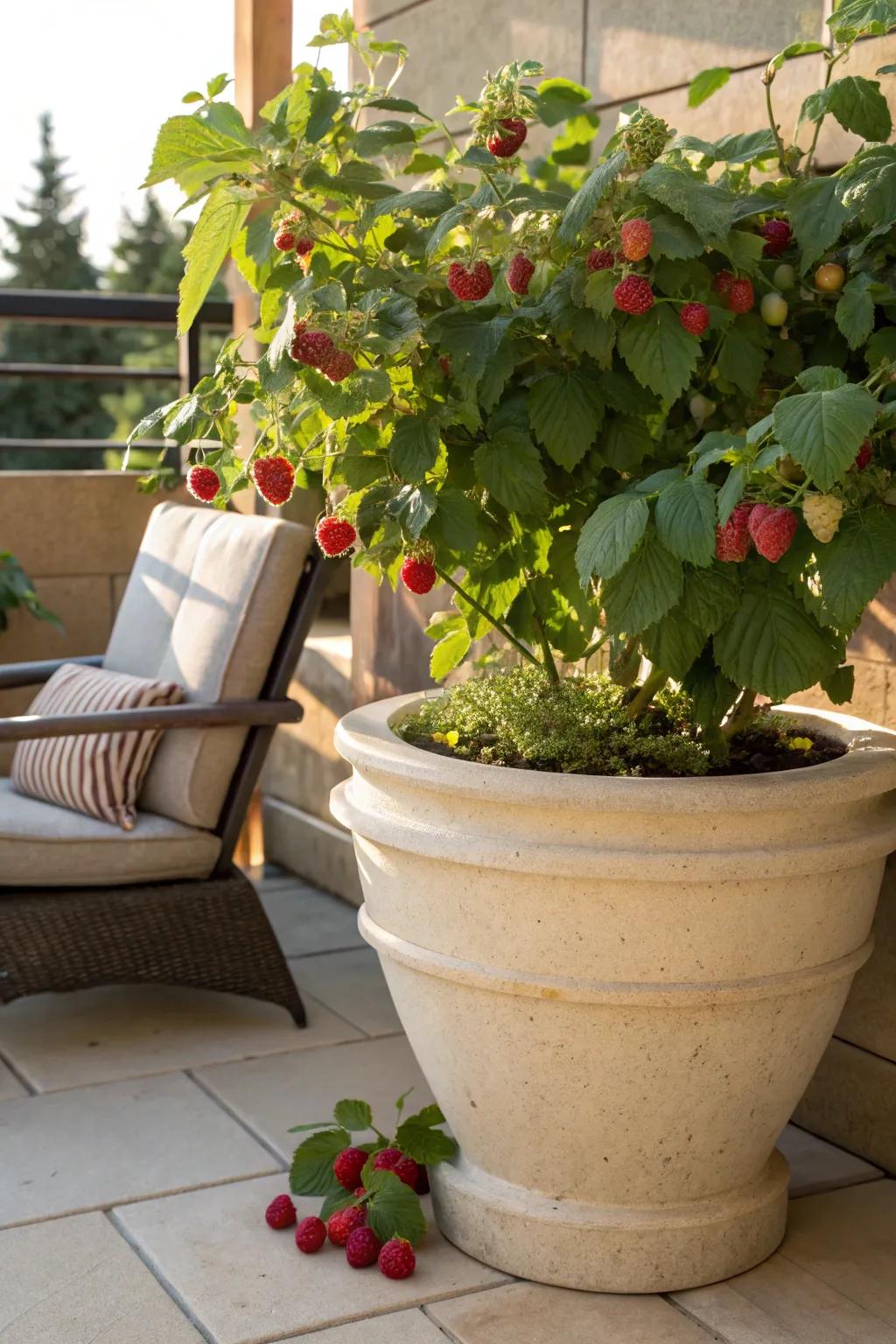 Container planting brings raspberry bushes to patios and balconies.
