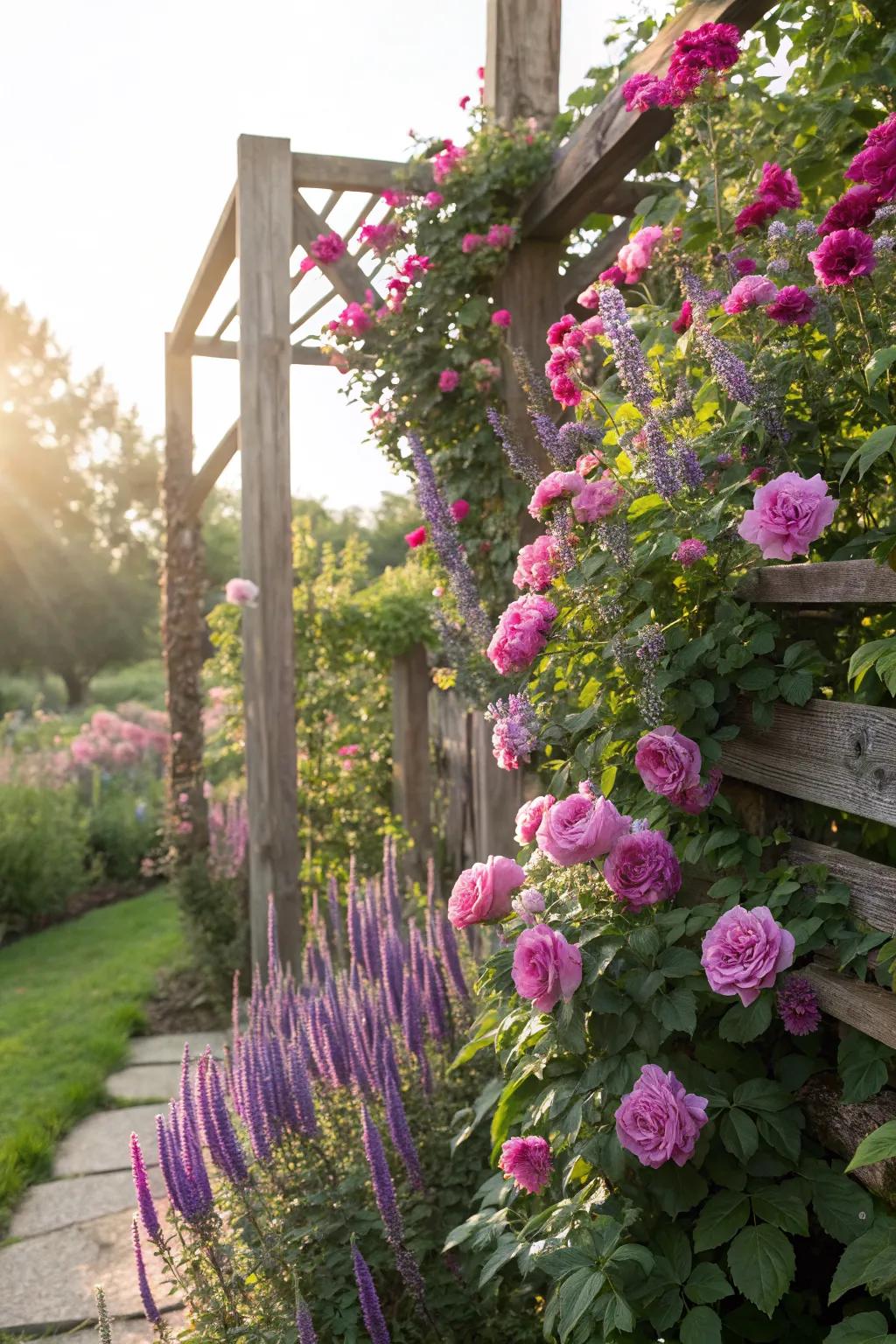 Climbing roses and veronica offer vertical elegance in this sun-drenched garden.