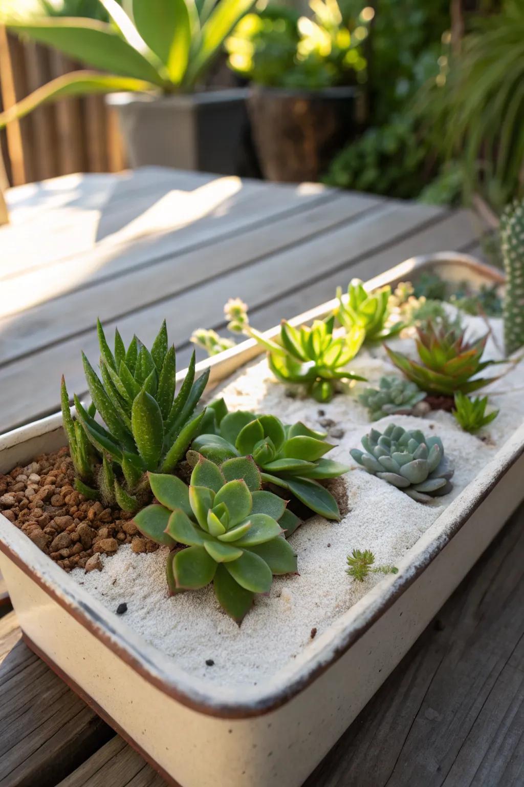 Succulents in decorative sand create a low-maintenance and artistic container garden.