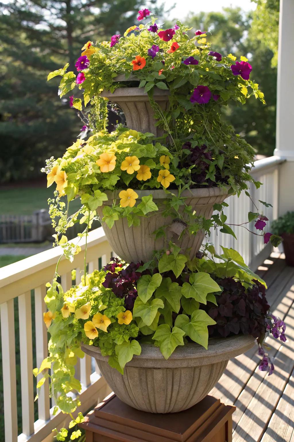 A vertical flower tower with cascading blooms