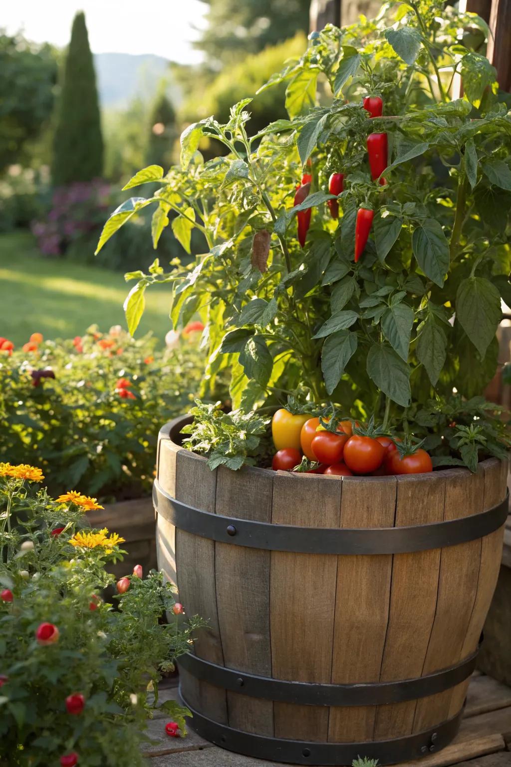 A thriving vegetable garden in a whiskey barrel.